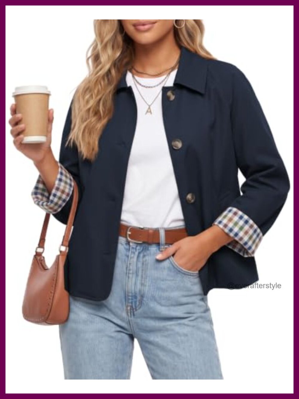 Cropped Trench Coat Plaid Lining Button Down Casual Women's Jacket